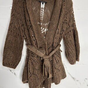 Nanette Lepore crochet Belted Cardigan XS Brown Knit Mohair old money bohemian